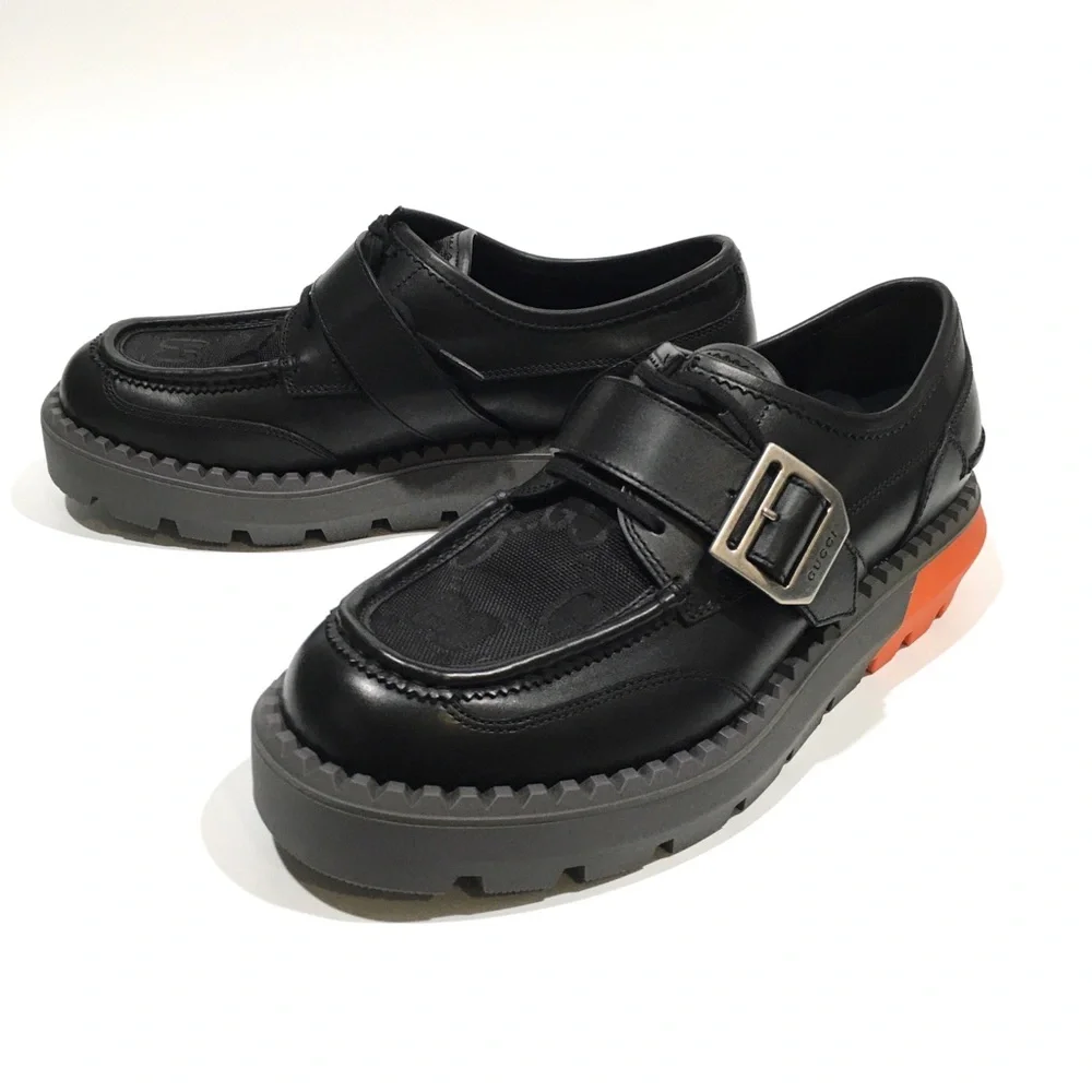 GUCCI LACE-UP BUCKLE LEATHER LOAFERS -BLACK / ORANGE -MEN US 10.5 -NEW - Picture 6 of 9